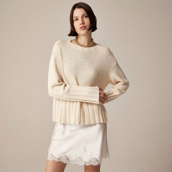 NWOT J.Crew Women's Marina Sweater in Textured Cotton Blend in Warm Sesame Sz L - Picture 2 of 13